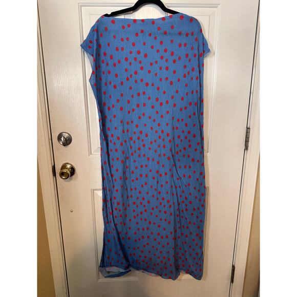 Zara Trafaluc Dress Women's Medium Blue/Red Polka Dots Cap Sleeve Pleated Midi - Picture 6 of 7
